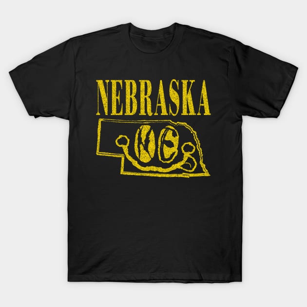 Nebraska Grunge Smiling Face Black Background T-Shirt by pelagio